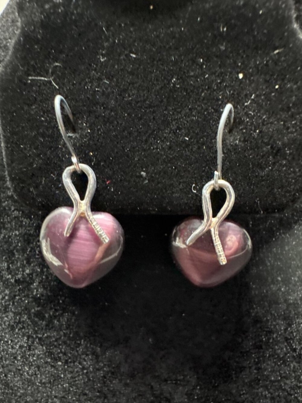 Sterling Silver 925 Heart-Shaped Purple Cats Eye Drop Earrings